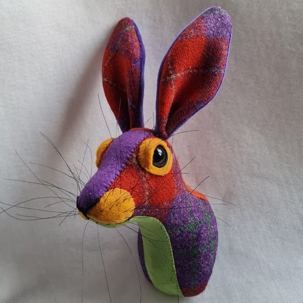 Faux hare head wall mount in Harris Tweed