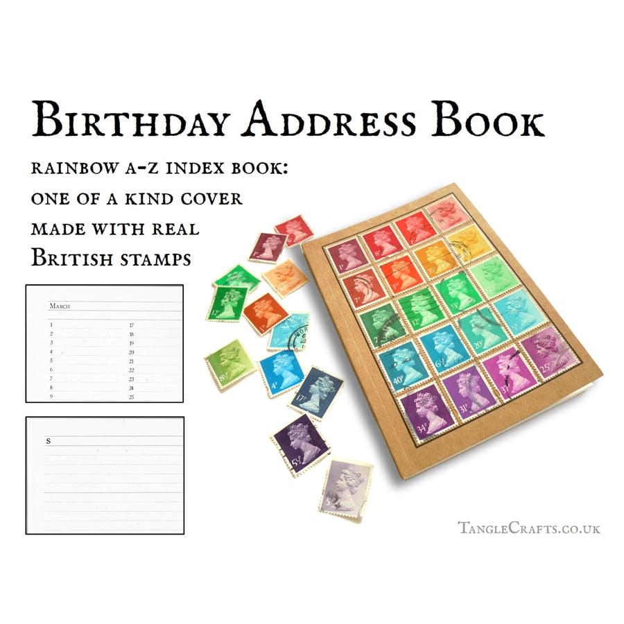Rainbow Address Book, upcycled with real British postage stamps, A6, pocket size
