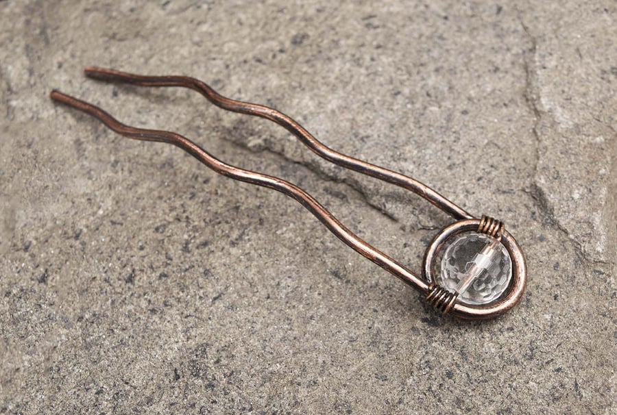 Boho rustic Copper Hair Fork,Rustic copper hair fork faceted clear quartz