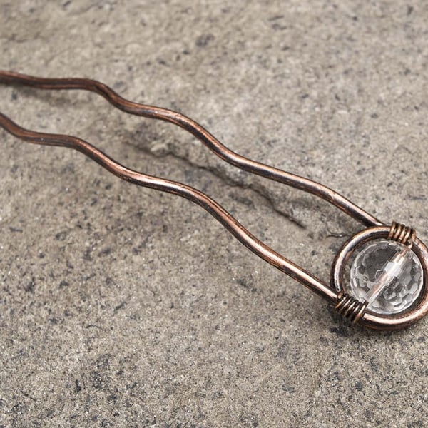 Boho rustic Copper Hair Fork,Rustic copper hair fork faceted clear quartz