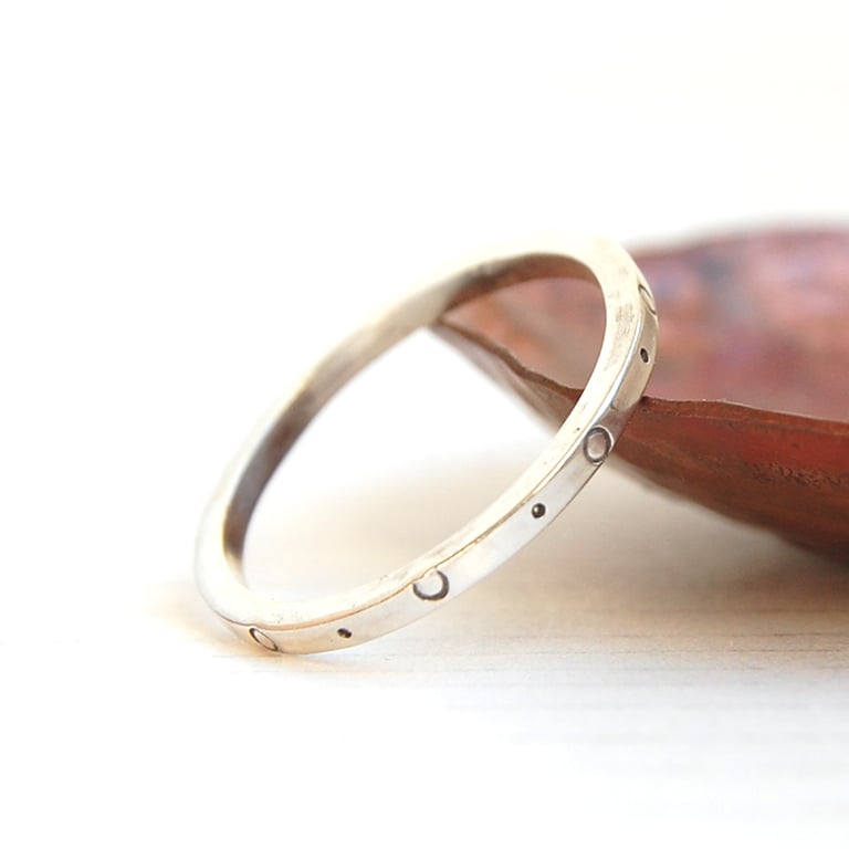 Circle and dot textured square silver stacking ring