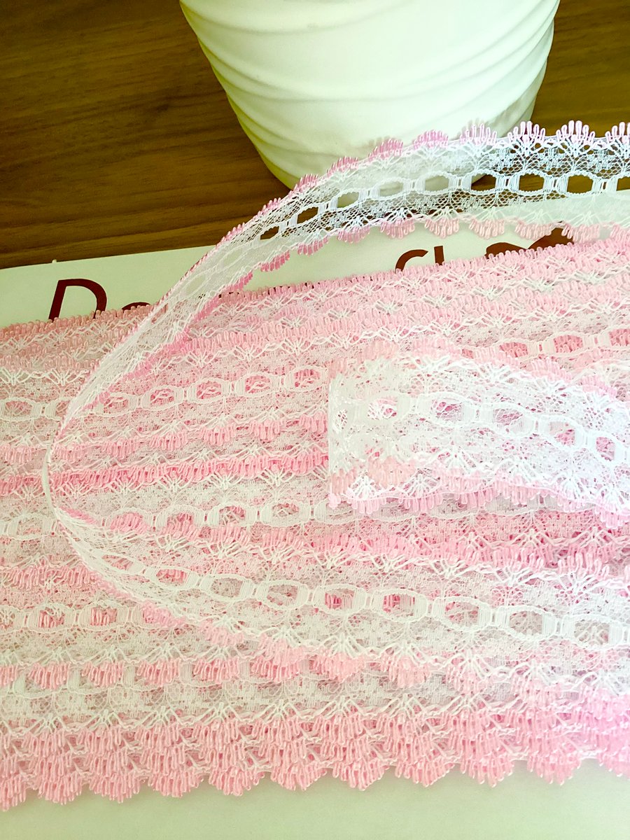 Eyelet Pink and white knit in lace 35mm x 2 metres
