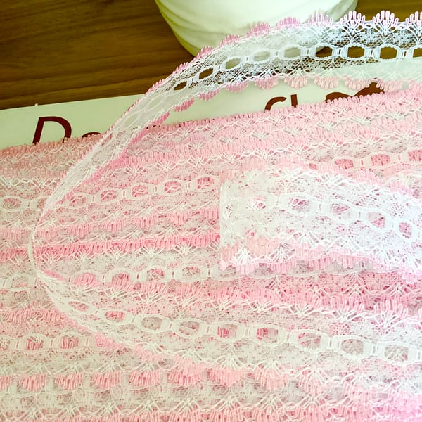 Eyelet Pink and white knit in lace 35mm x 2 metres
