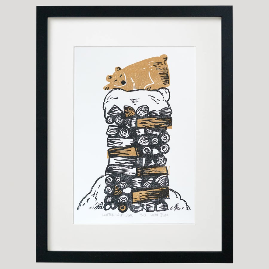Winter Drifts "Bear" linocut print, framed