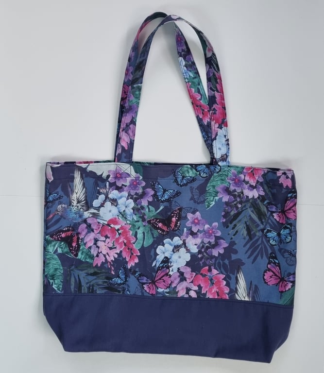 Blue floral tote bag made from upcycled fabric