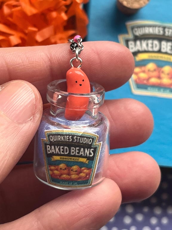 Baked bean Charm necklace Handmade Air-Dry Clay Miniature, HandmadeWithLove, Min