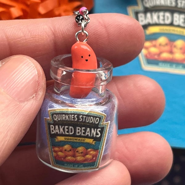 Baked bean Charm necklace Handmade Air-Dry Clay Miniature, HandmadeWithLove, Min