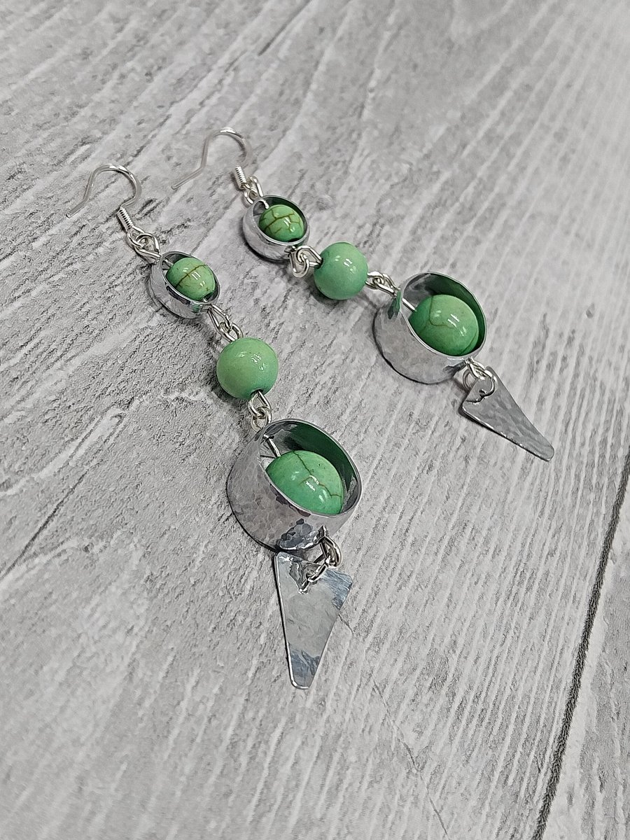 Aluminium Round Tube, Recycled Green Beads Dangle Earrings, Upcycled Jewellery