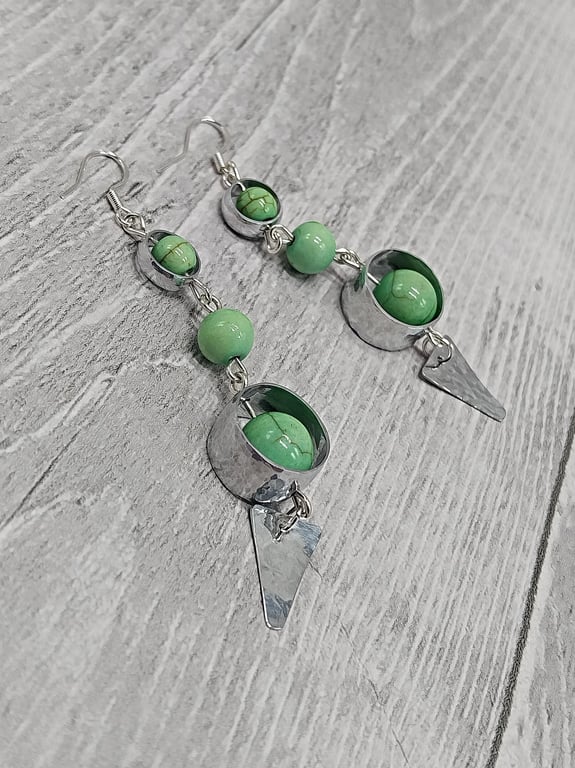 Aluminium Round Tube, Recycled Green Beads Dangle Earrings, Upcycled Jewellery