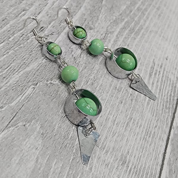 Aluminium Round Tube, Recycled Green Beads Dangle Earrings, Upcycled Jewellery
