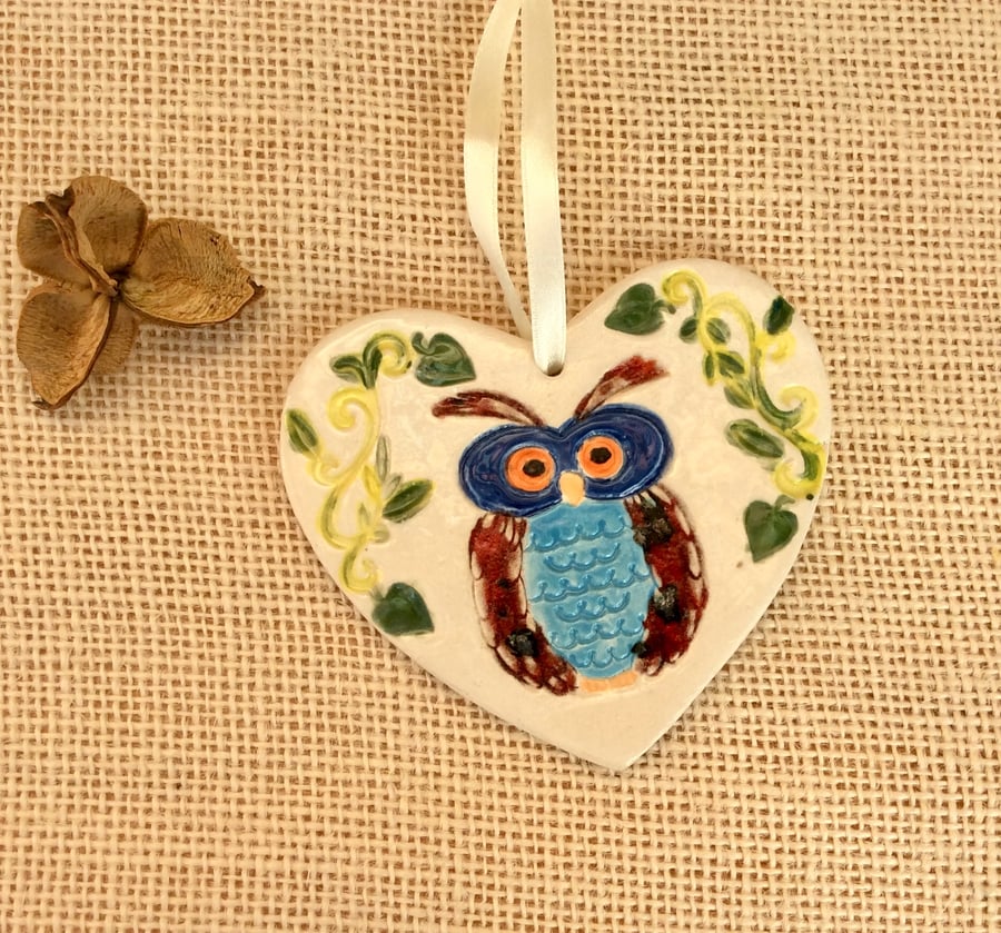 Owl  heart hanging ornament  - Blue and red bird home decor 1LL