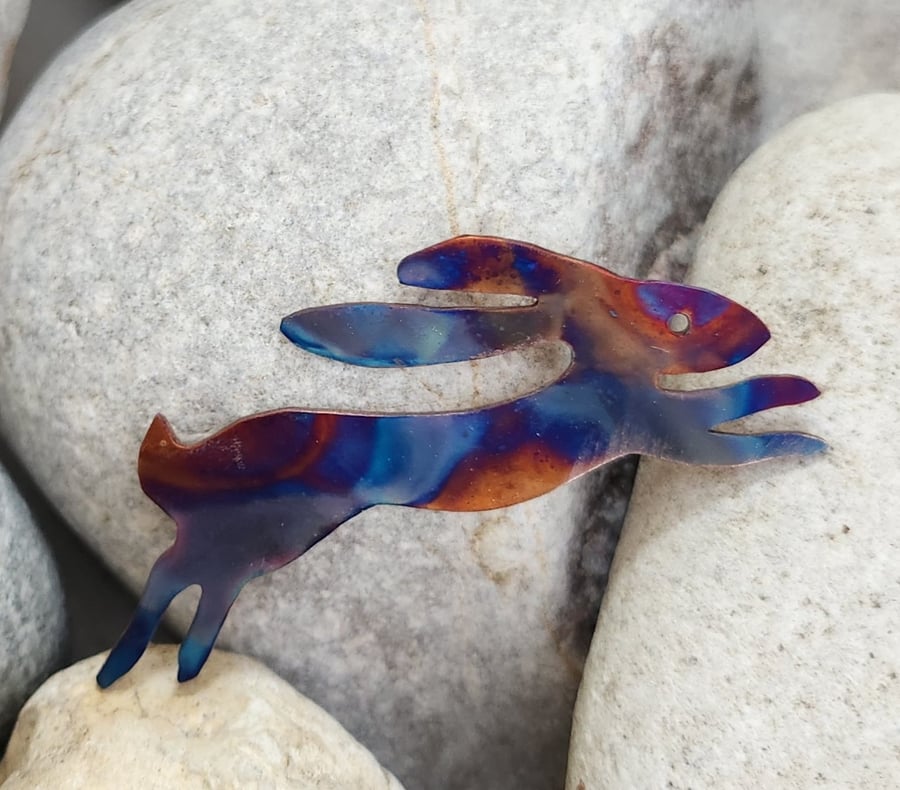 Hare brooch in flame painted copper