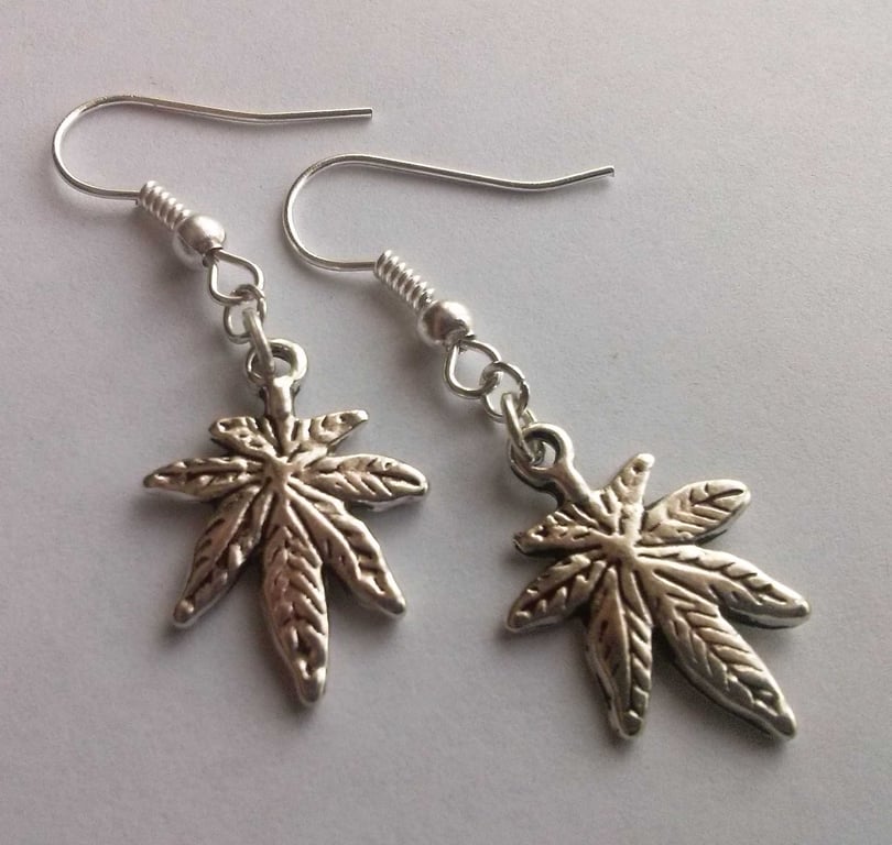 Cannabis Leaf Marijuana Leaf Earrings Silver Plate 