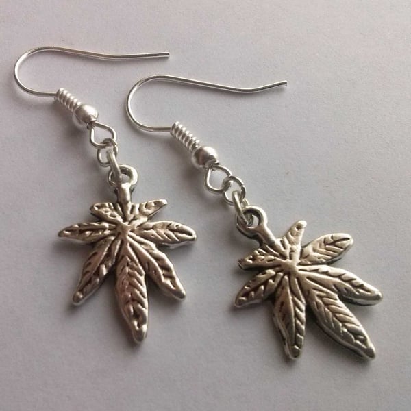 Cannabis Leaf Marijuana Leaf Earrings Silver Plate 