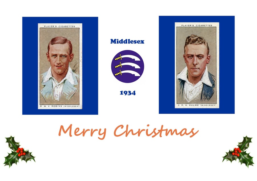 Cricket Christmas card vintage 1934 design. Middlesex.Robins. Hulme. FREE UK P&P