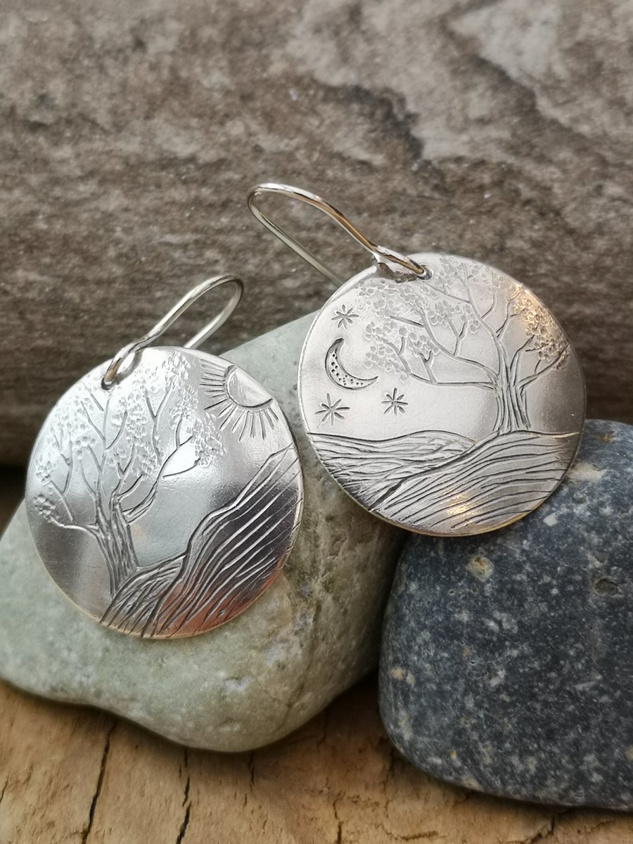 Sun and Moon Tree Earrings - Sterling Silver