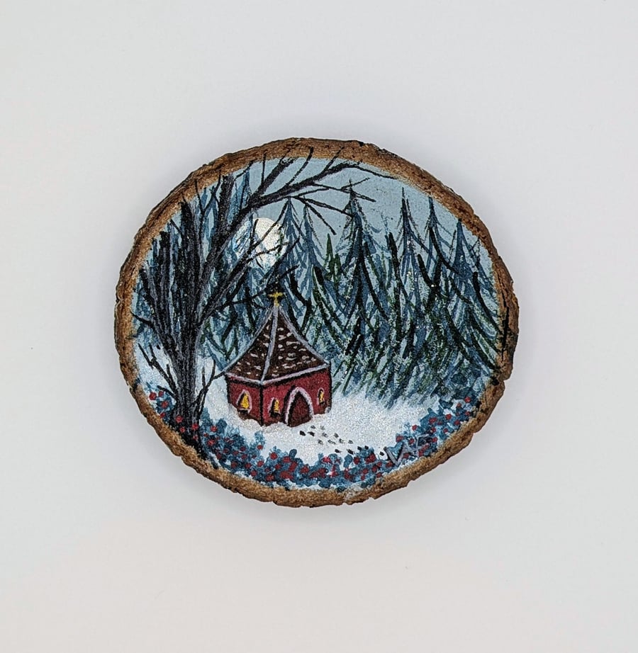 Nordic Inspired Winter Painting on Wood Disc