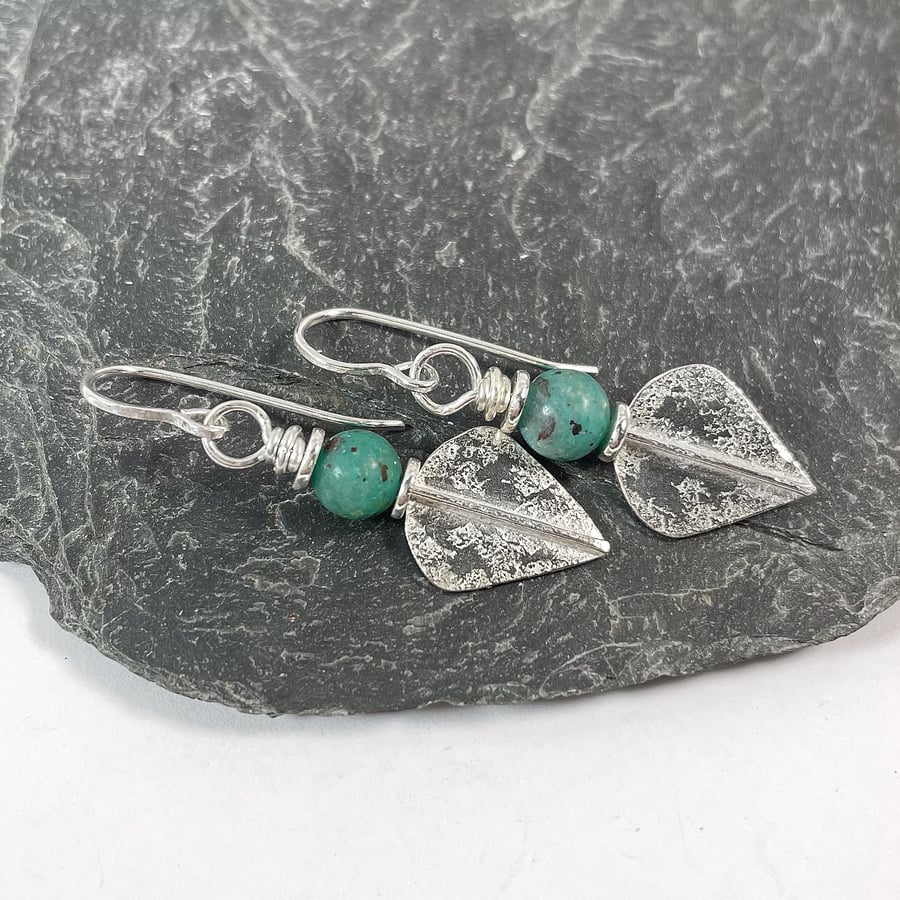 Silver and teal cupric chrysocolla leaf spear earrings