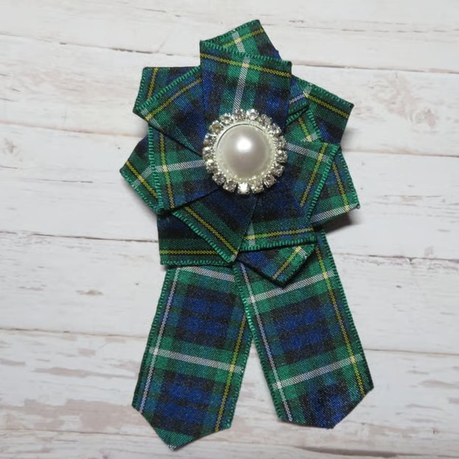 Campbell Tartan Pearl & Diamante Ribbon Ruffle Rosette Mini Clip Rosette  