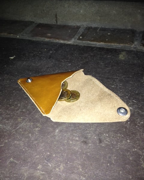 A triangular leather coin purse.