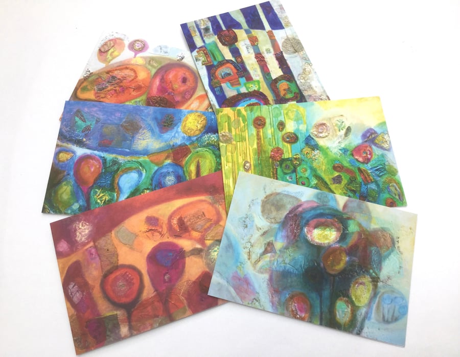 Set of 6 colourful abstract Greetings Cards, on recycled card, blank inside