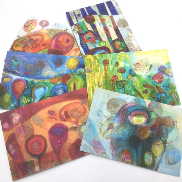 Set of 6 colourful abstract Greetings Cards, on recycled card, blank inside