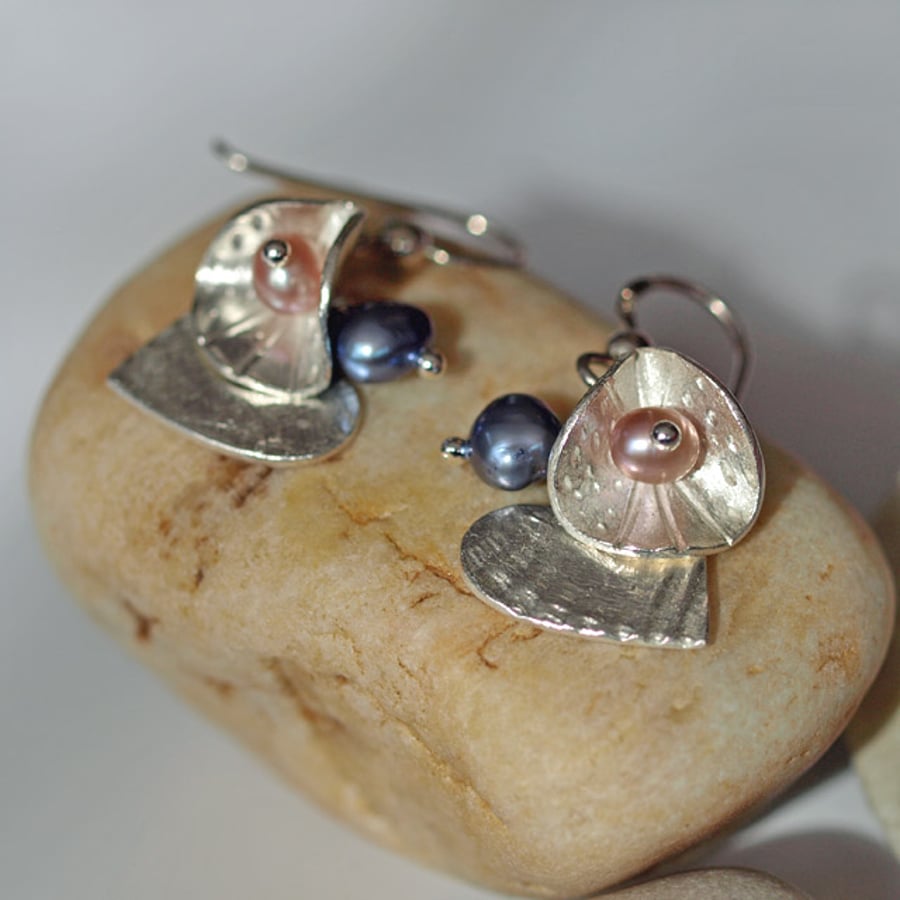 Button, Shell Heart and Blue and Pink Pearl Earrings - handmade jewellery