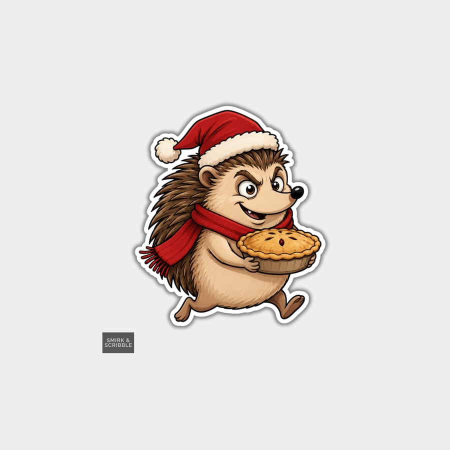 Image of Unique Funny Christmas Sticker Xmas Decal For Adults - Hedgehog & Pie