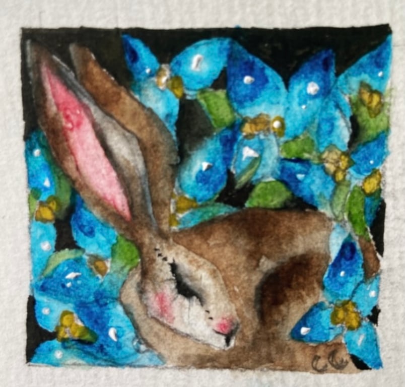 ACEO Original Resting Hare Rabbit with Blue Flowers Watercolour 