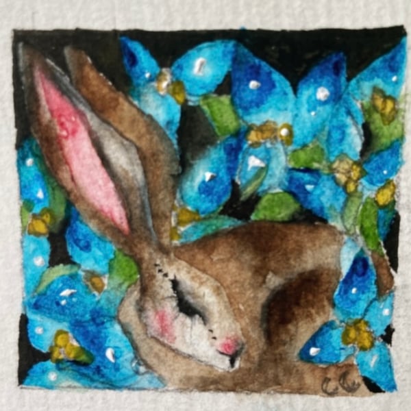 ACEO Original Resting Hare Rabbit with Blue Flowers Watercolour 