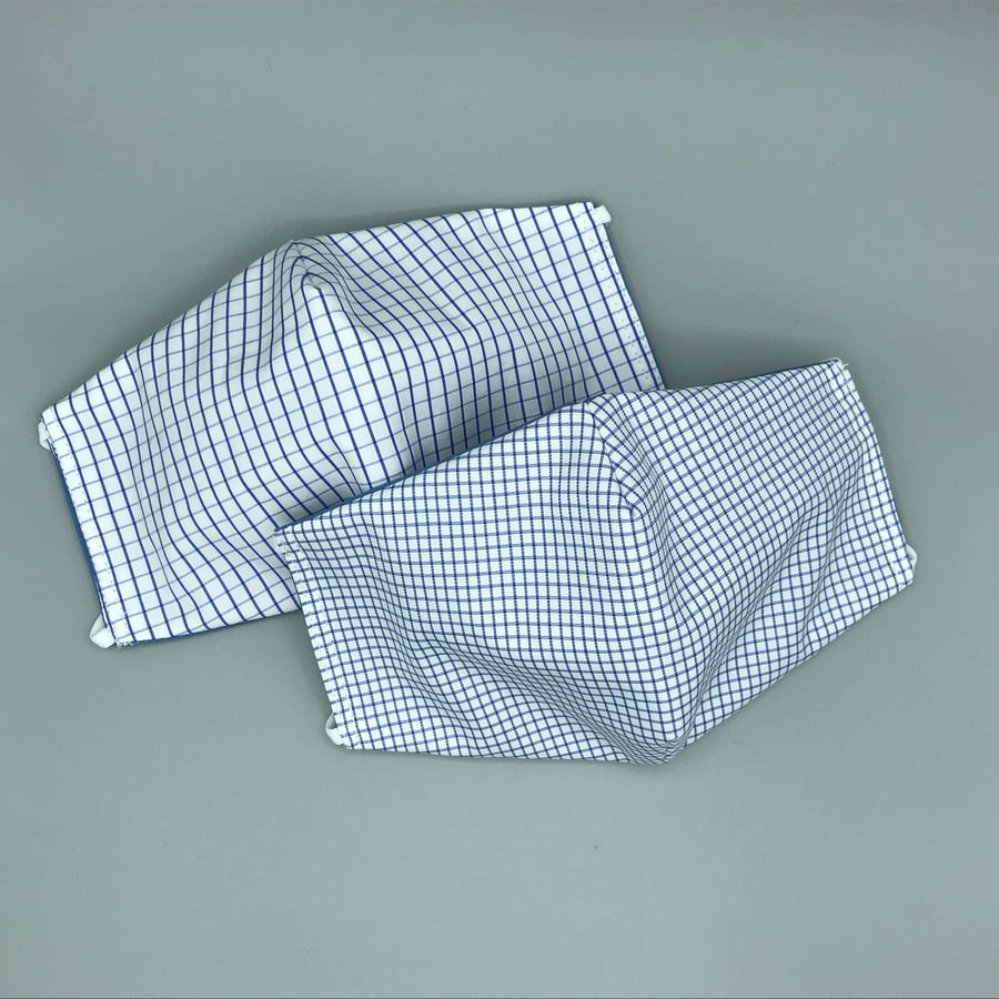 Blue Grid Check Triple Layer Face Mask. Double Sided. Cotton Fabric