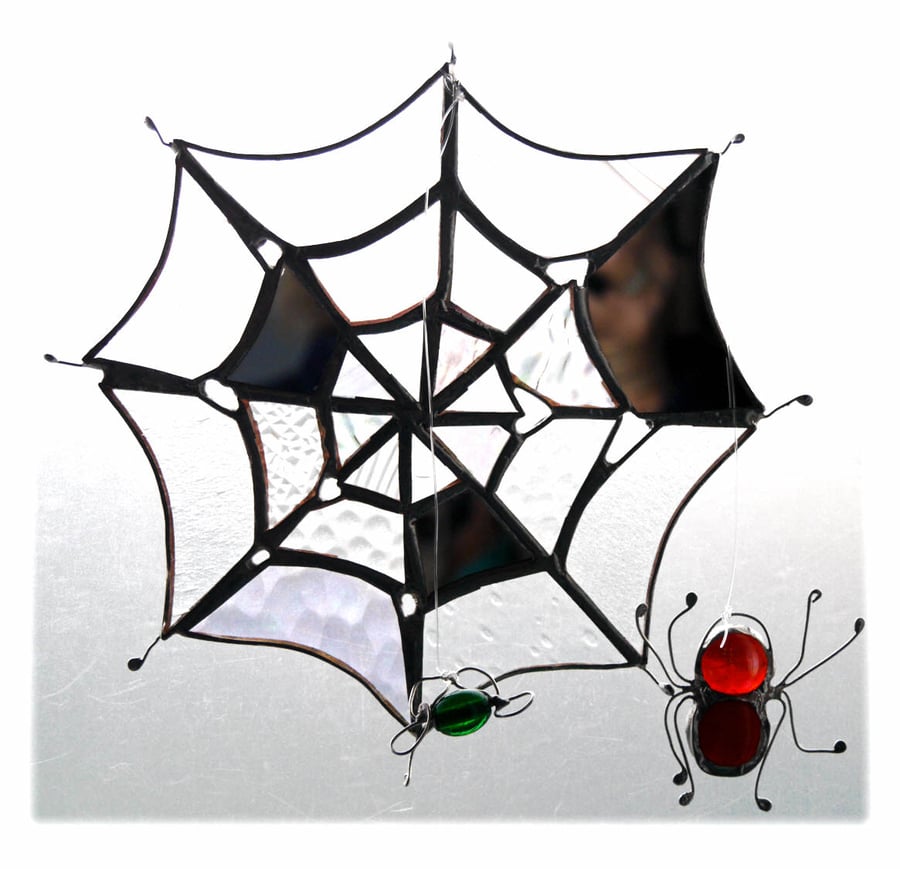 Spider's Web Suncatcher Stained Glass with Red Spider and Green Fly 039