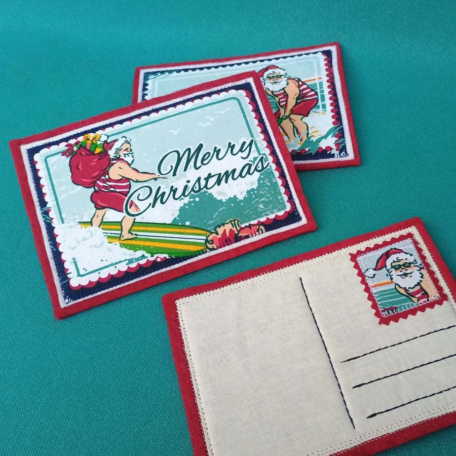 Santa Holiday Textile Postcard Decoration - blank for your written message