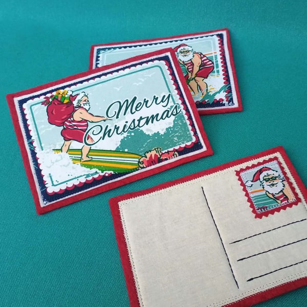 Santa Holiday Textile Postcard Decoration - blank for your written message
