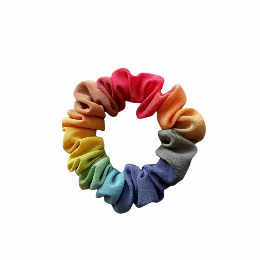 Small bright ombre painted rainbow silk hairtie, scrunchie.