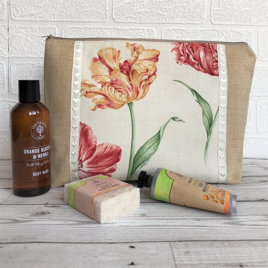 Beige toiletry bag, wash bag with floral panel featuring Parrot Tulips