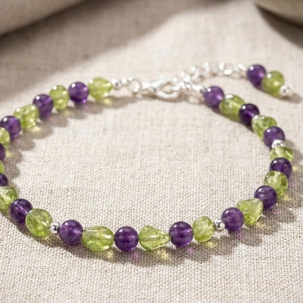 Handmade Dainty Amethyst and Peridot Bracelet