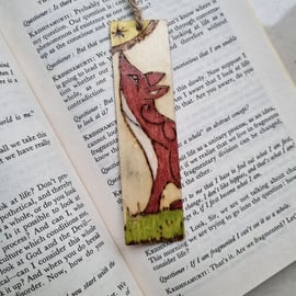 Wooden book mark moon gazing fox pyrography artwork on wood page keeper