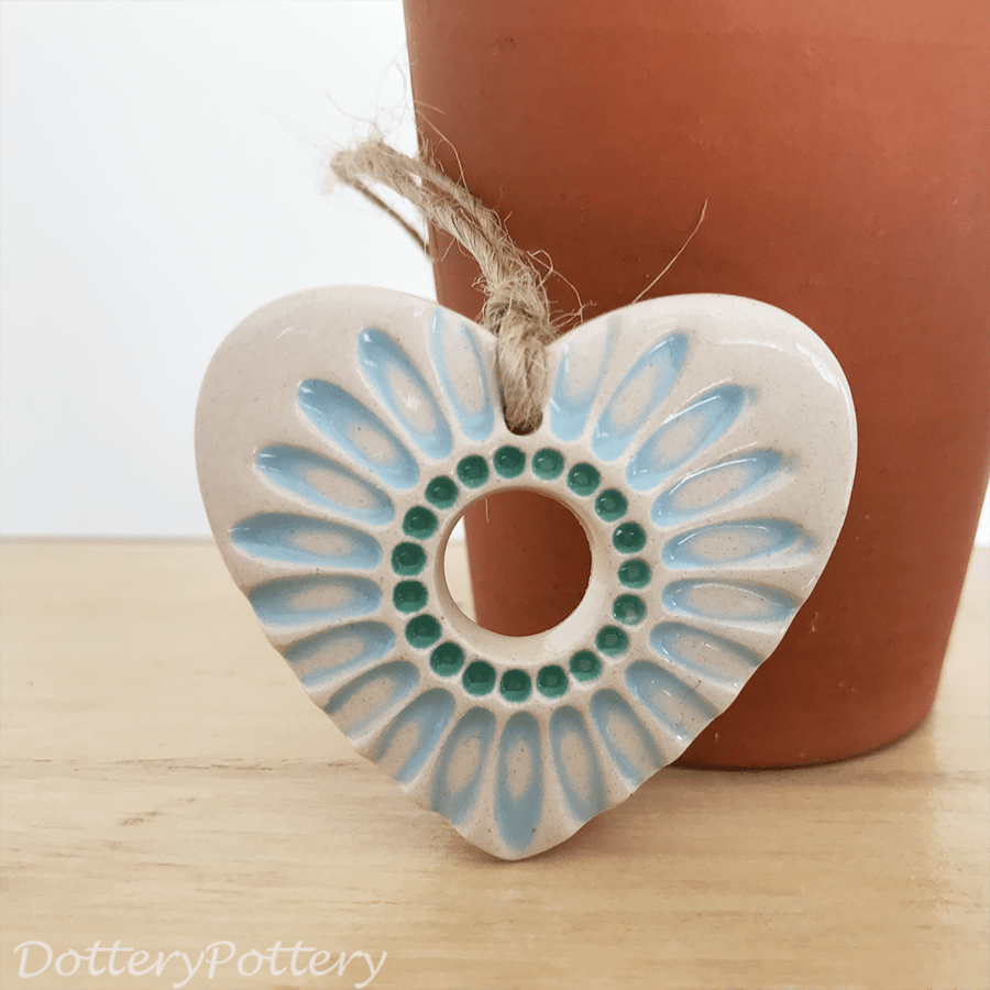 Small Ceramic heart decoration with blue daisy