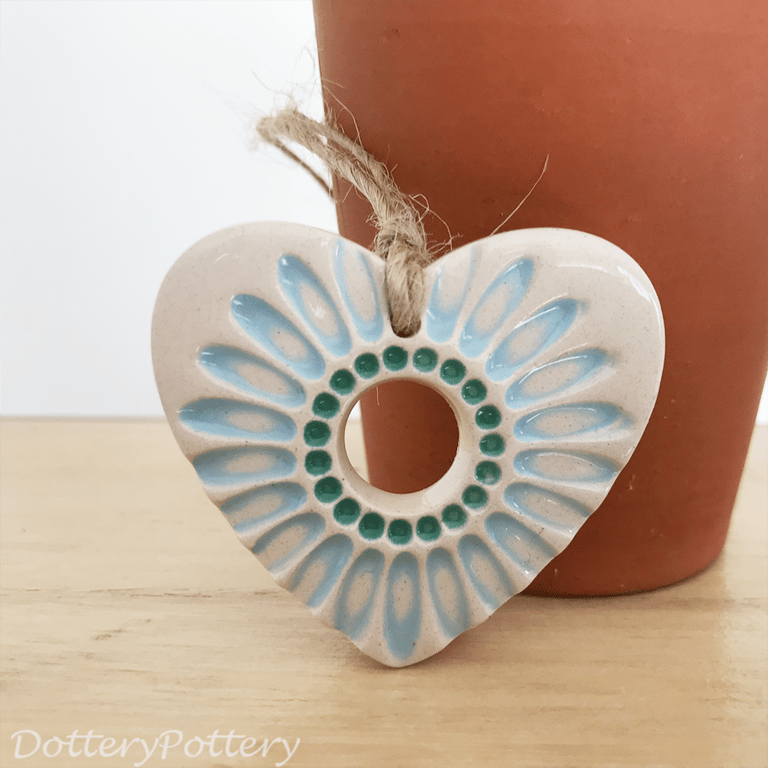 Small Ceramic heart decoration with blue daisy