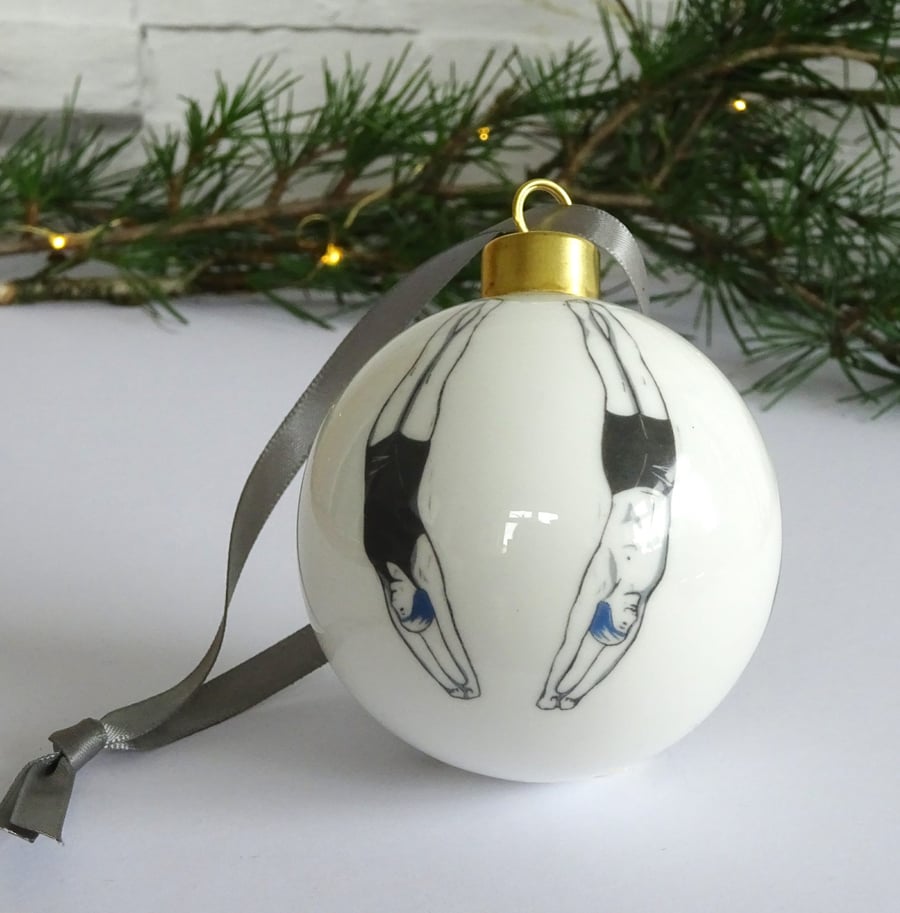 Christmas Bauble - ceramic, wild swimmer, sea swimming, male, female, ornament