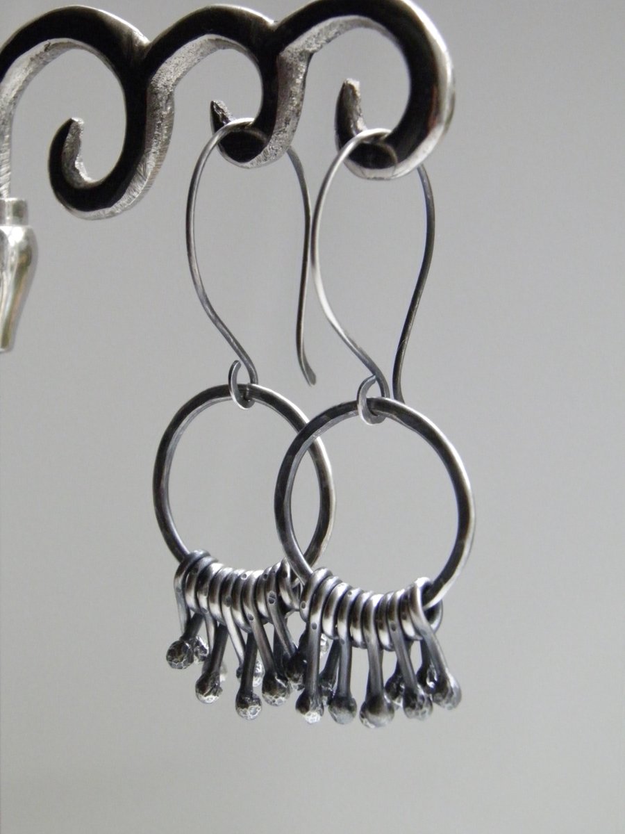 Handcrafted Sterling Silver Dangle Earrings Circle Hoop Design Oxidised Silver