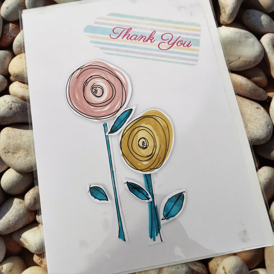 Thank you Handmade Card - Hand painted Flowers - Folksy