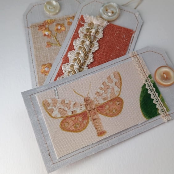 Gift Tags - terracotta vintage silk and lace, with reclaimed curtain textiles 