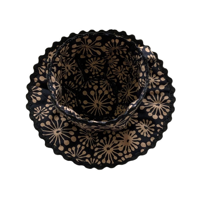 3D Textile Teacup and Saucer: Batik Fabric, Black Trim