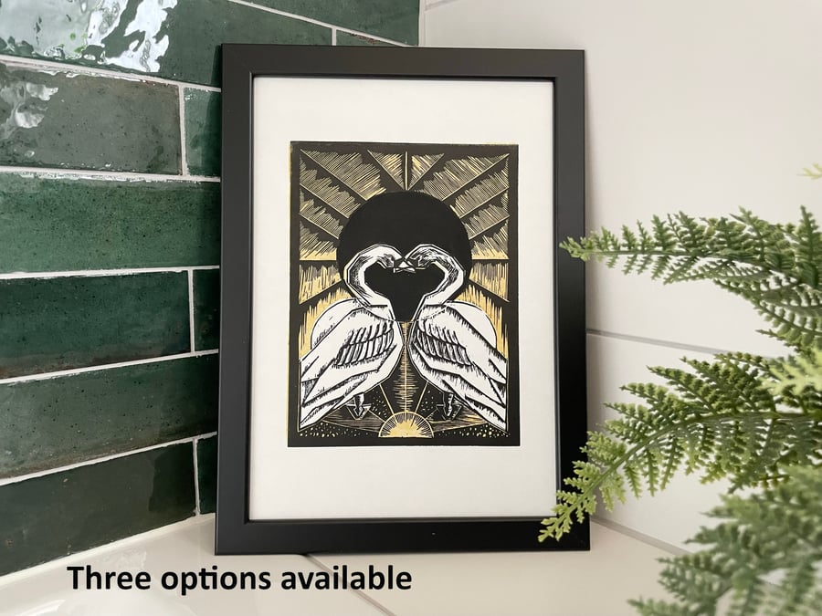 Lino Print Love Birds - Art Deco Swans - Neo Deco Print - Black & Gold Artwork