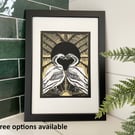 Lino Print Love Birds - Art Deco Swans - Neo Deco Print - Black & Gold Artwork