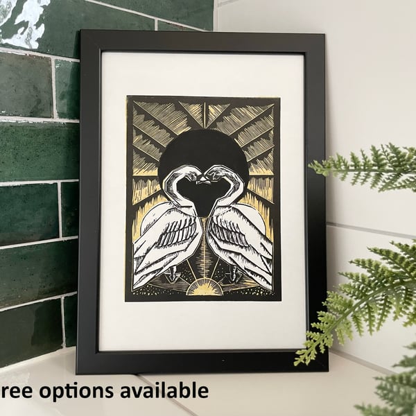 Lino Print Love Birds - Art Deco Swans - Neo Deco Print - Black & Gold Artwork