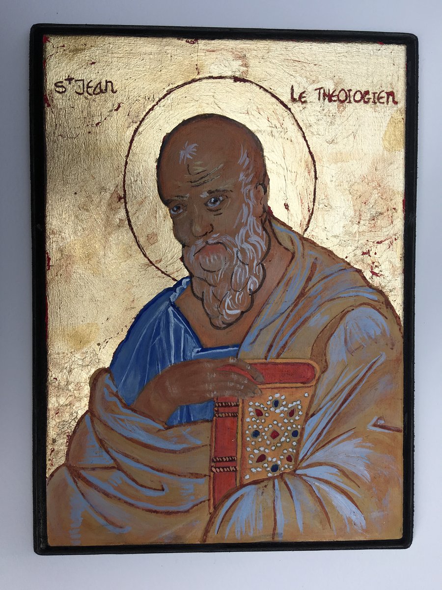 Icon style painting of St John in wood 