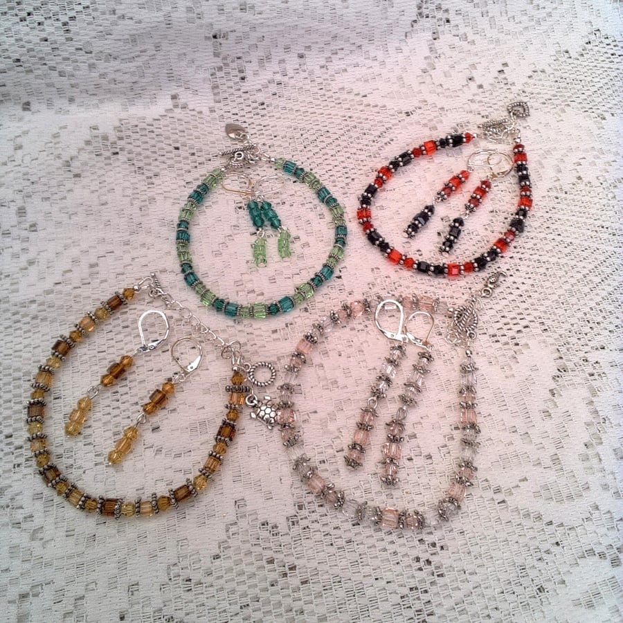 Crystal Cubes and Rounds Bracelet and Earrings Set, Christmas Gift, Gift for Her